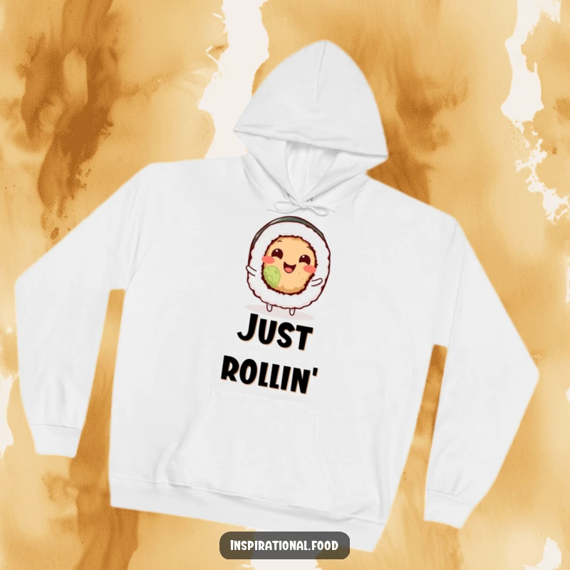 Funny sushi roll character joyfully wiggling its body on a warm, comfortable hoodie, perfect for casual, humorous wear.