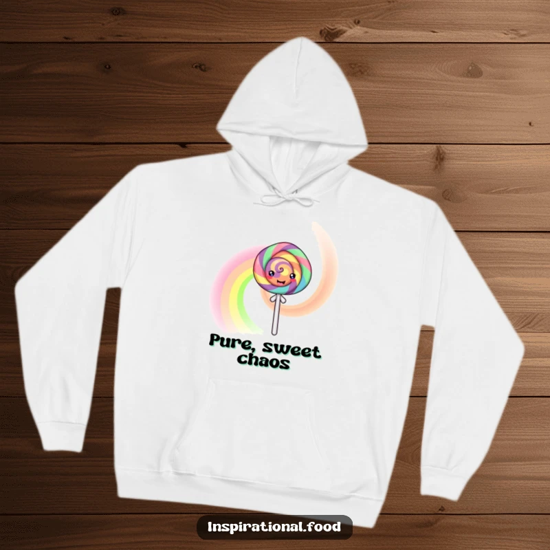 Funny Hoodie featuring a gleeful lollipop character generating a spectacular swirling rainbow effect, radiating warmth and playful energy.