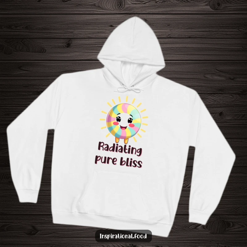 Funny hoodie depicting a smiling candy character radiating colorful energy, offering comfort and a cheerful vibe, a fantastic funny gift.