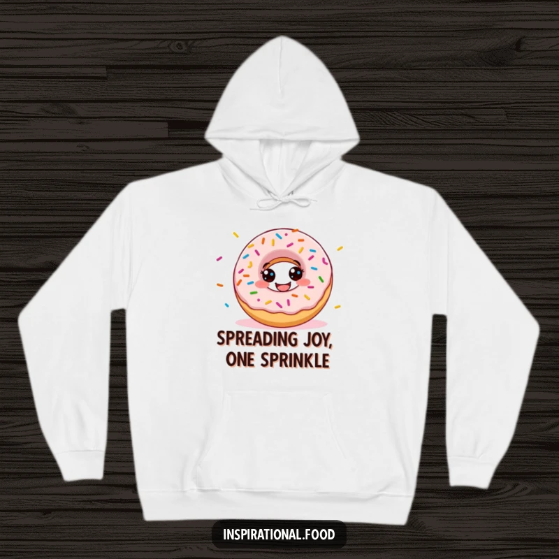 Funny donut hoodie showcasing a happy character scattering vibrant sprinkles, perfect for staying warm and stylishly humorous.