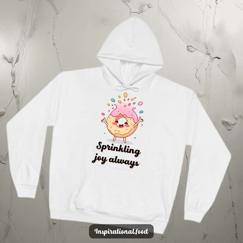 Funny donut hoodie, a happy donut character joyfully showering sugar and sprinkles, perfect for cozying up with a sweet treat.