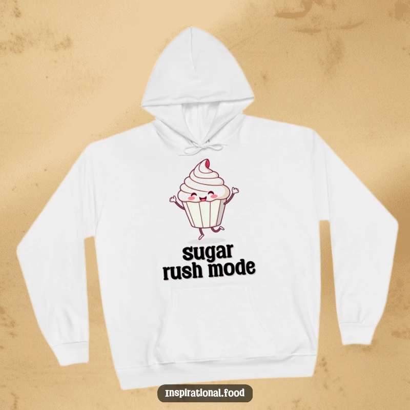 Funny hoodie showing a playful cupcake character dancing happily with sugary flair, providing warmth and smiles.