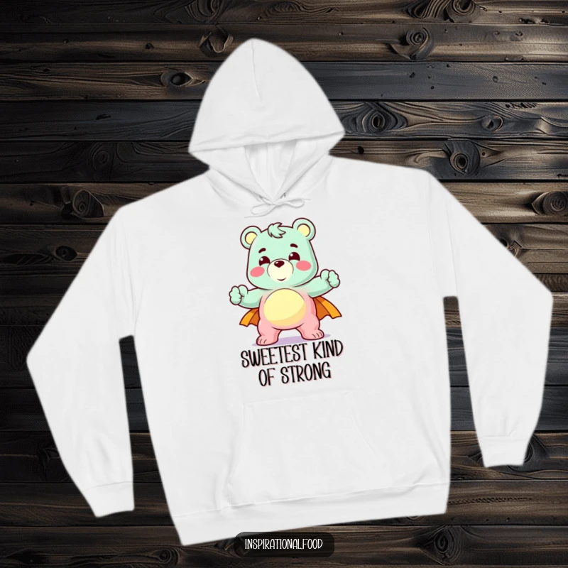 Funny hoodie with a delighted gummy bear character striking a heroic pose, offering cozy comfort and humorous superhero vibes.