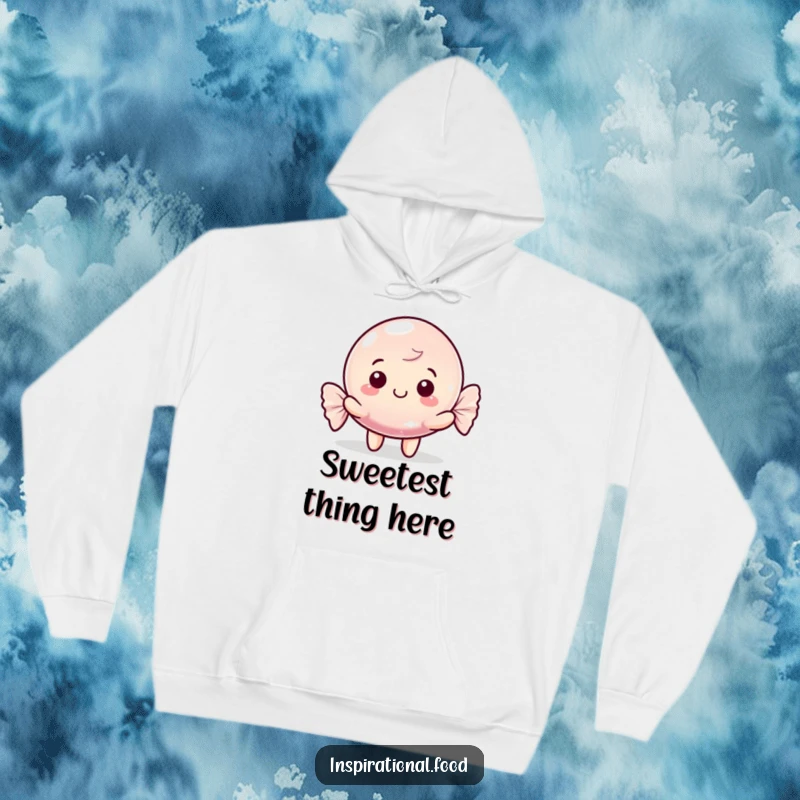 Funny hoodie with a happy candy character and shimmering wrapper, offering warmth and a sweet vibe, a cozy and funny gift.