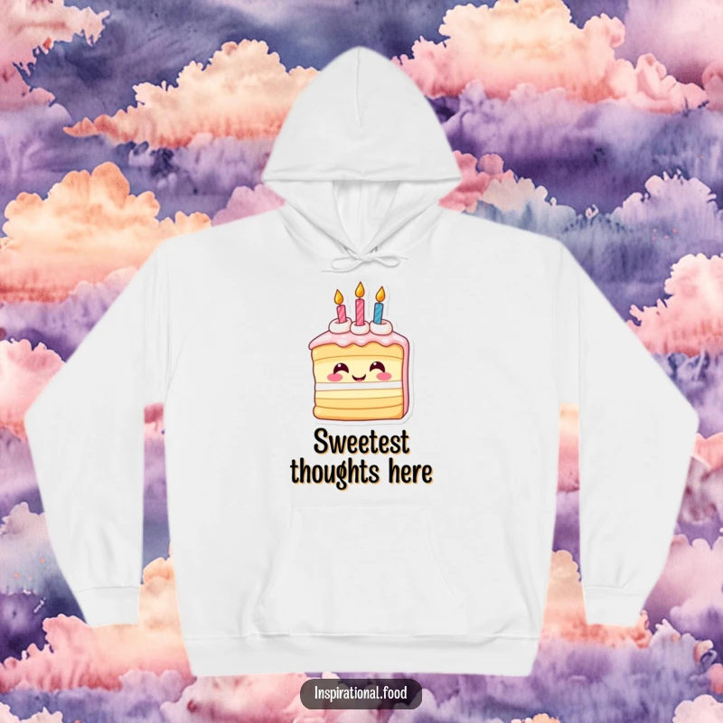 Funny hoodie with an inspired smiling slice of birthday cake and candles, offering cozy comfort and humorous celebration vibes.