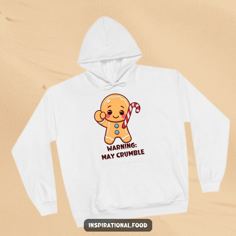 Funny gingerbread cookie character hoodie, waving a festive candy cane arm, designed for ultimate holiday comfort and cheer.