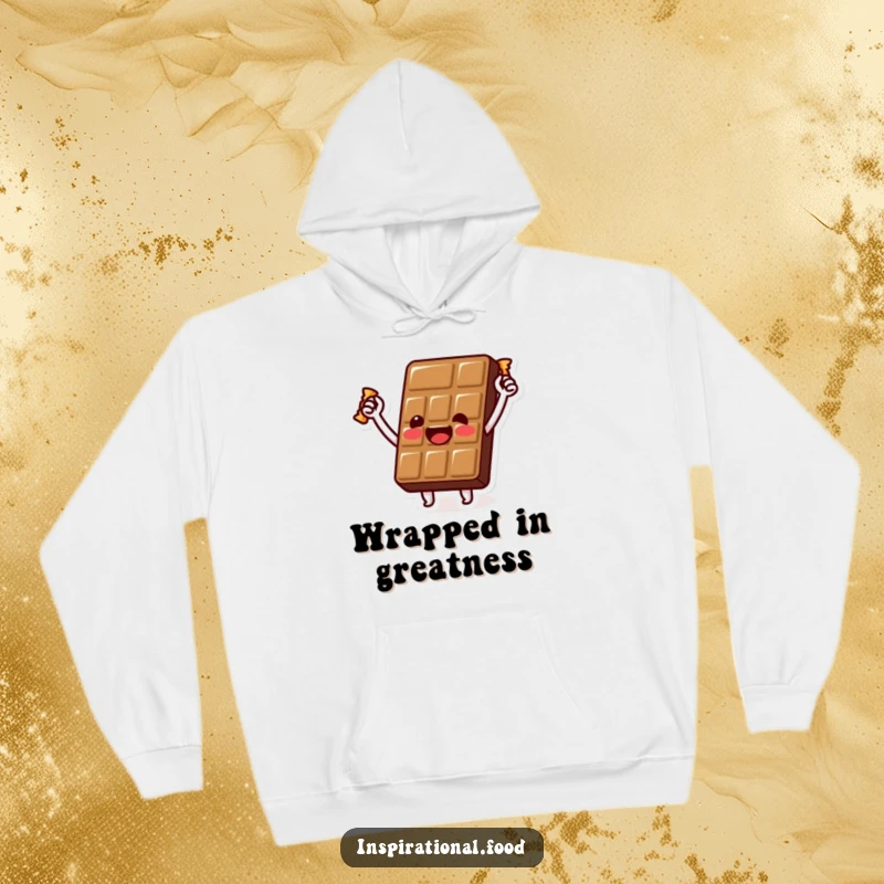 Funny chocolate bar hoodie with a beaming character holding a golden wrapper aloft, celebrating a sweet victory in cozy style.
