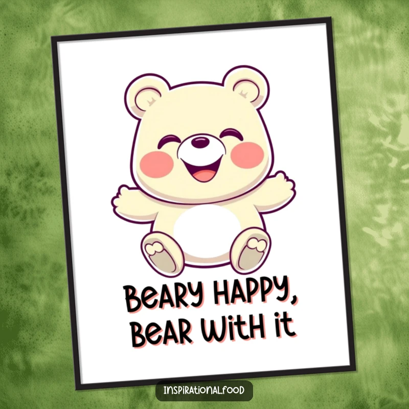 Funny Free Printable Wall Art: A grinning gummy bear captured in an exciting, energetic bounce, radiating cheerful playfulness.