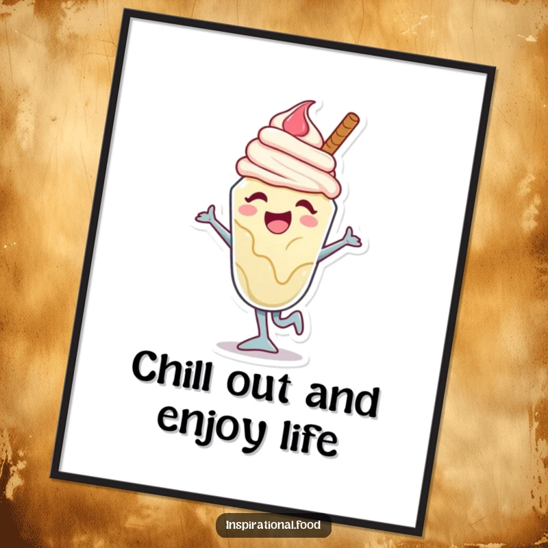 Funny free printable ice cream sundae wall art featuring a joyful character caught mid-dance move, radiating playful energy.