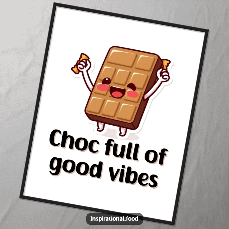 Funny free printable chocolate bar wall art featuring a beaming character holding a golden wrapper aloft, radiating joy.