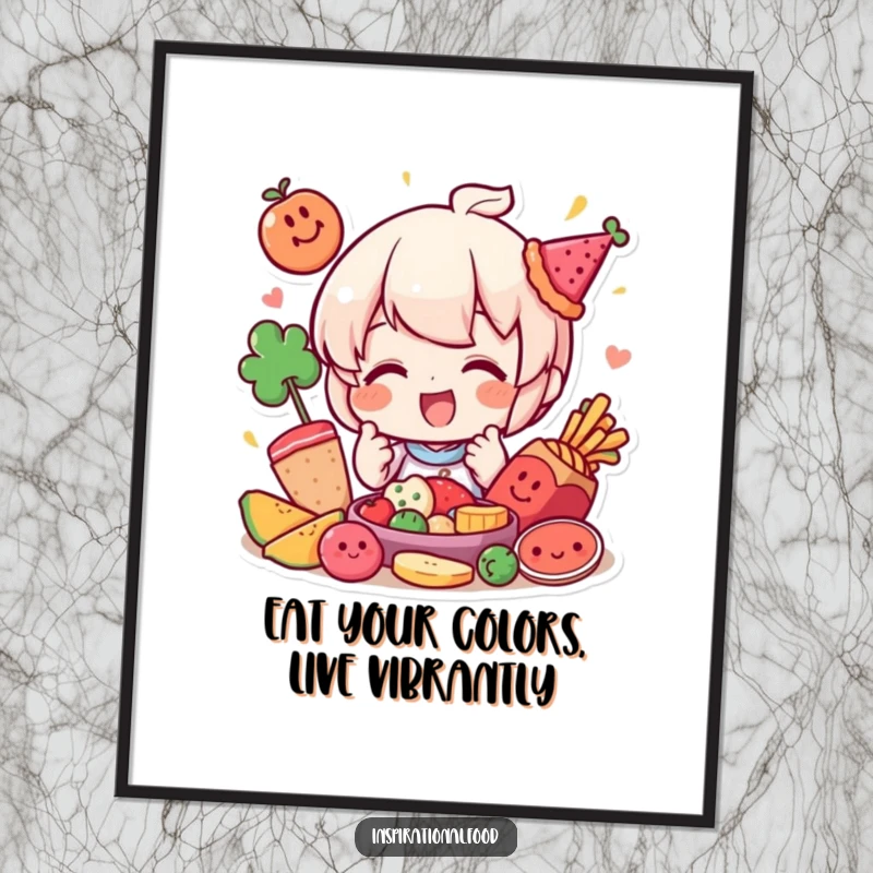 Funny Free Printable Wall Art: A happy character playfully arranging vibrant and colorful food elements in a delightful composition.