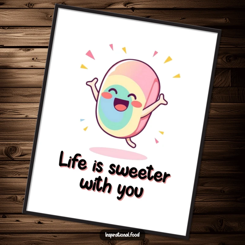 Funny free printable candy wall art depicting a gleeful candy character doing a flamboyant, celebratory flourish with vibrant colors.