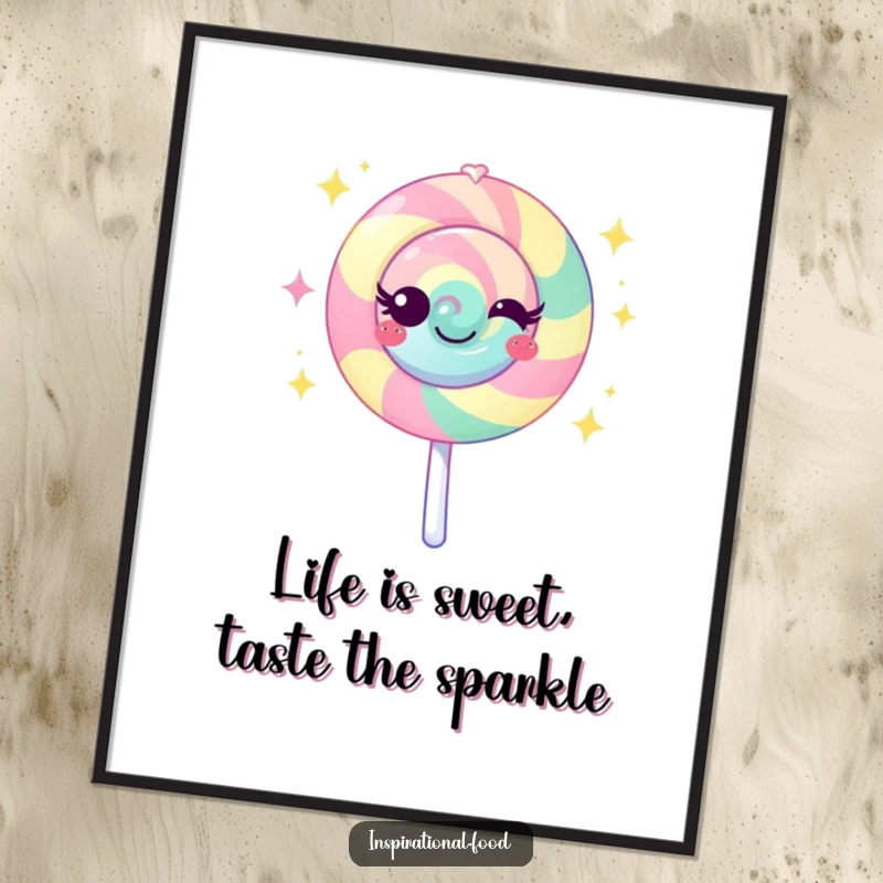 Funny Free Printable Lollipop Wall Art: A vibrant lollipop character emanating sweet sparkles, creating a cheerful and eye-catching decor piece.