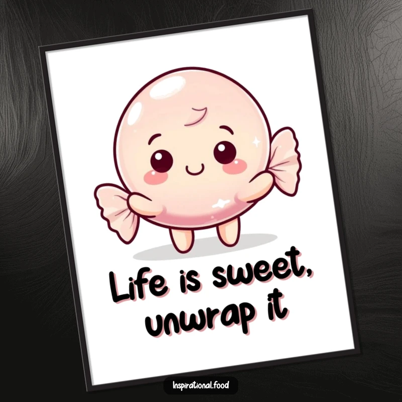 Funny Free Printable Wall Art: Happy candy character with a shimmering wrapper, radiating sweet charm and fun.