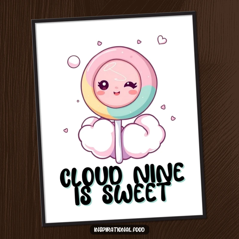 Funny Free Printable Wall Art: A dreamy lollipop character peacefully floats on a fluffy, sweet cotton candy cloud.