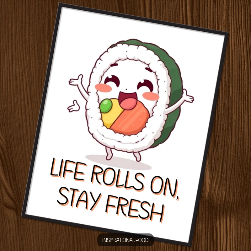 Funny Free Printable Wall Art: Delighted sushi roll character performing a cheerful loop, full of motion.