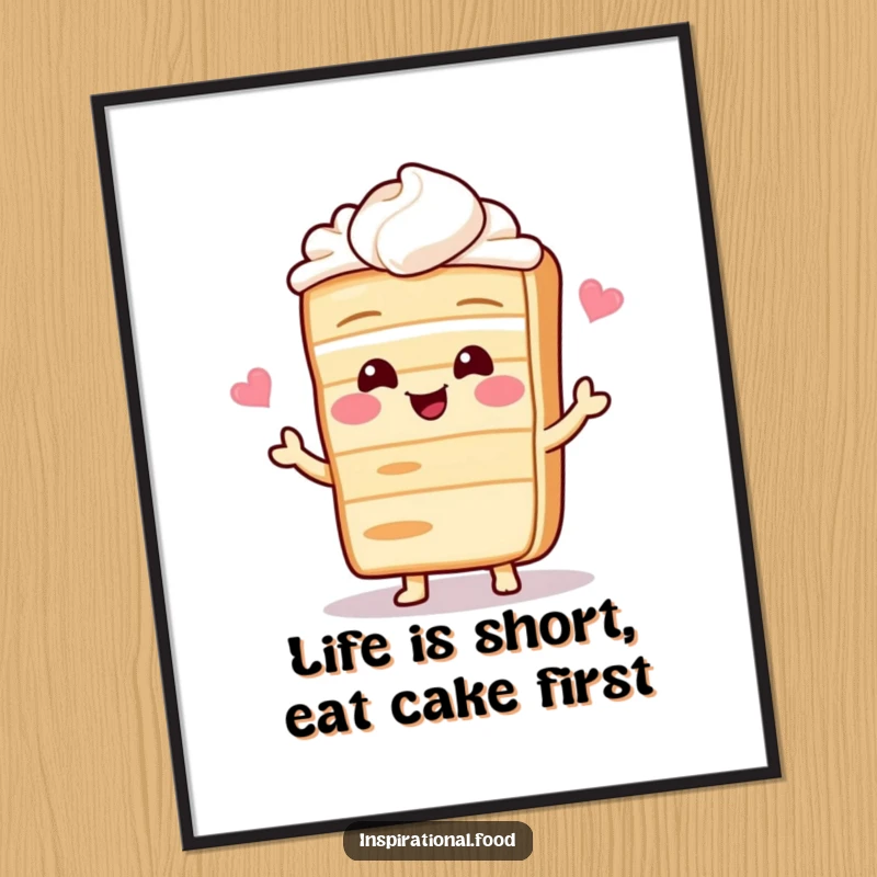 Funny Free Printable Wall Art: A giggling slice of cake character holding a recipe card, ready to share deliciousness.