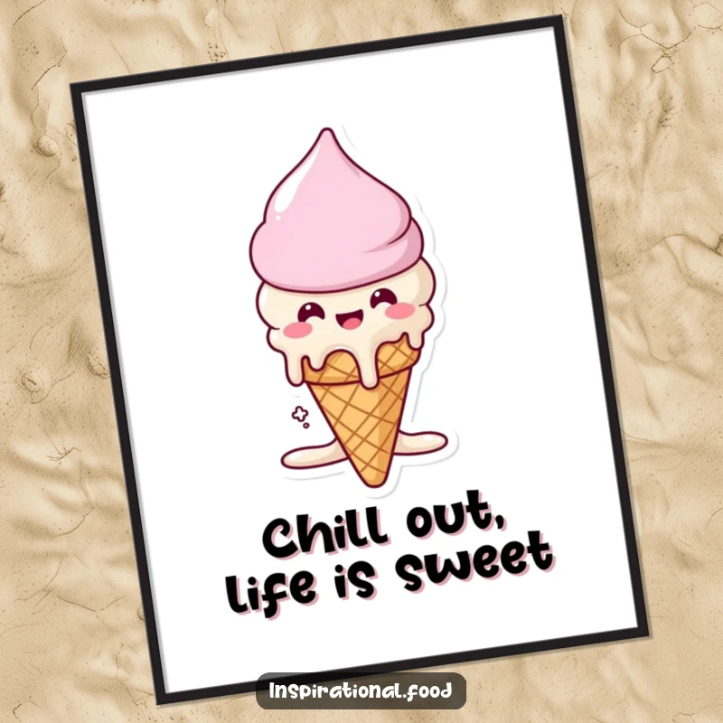 Funny Free Printable Wall Art: A happy ice cream cone character depicted in the process of melting deliciously.