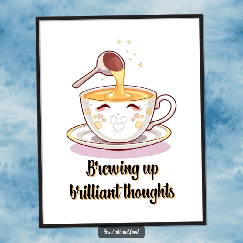 Funny Free Printable Wall Art: Shining teacup character pouring a cascade of sparkling ideas with a ladle.