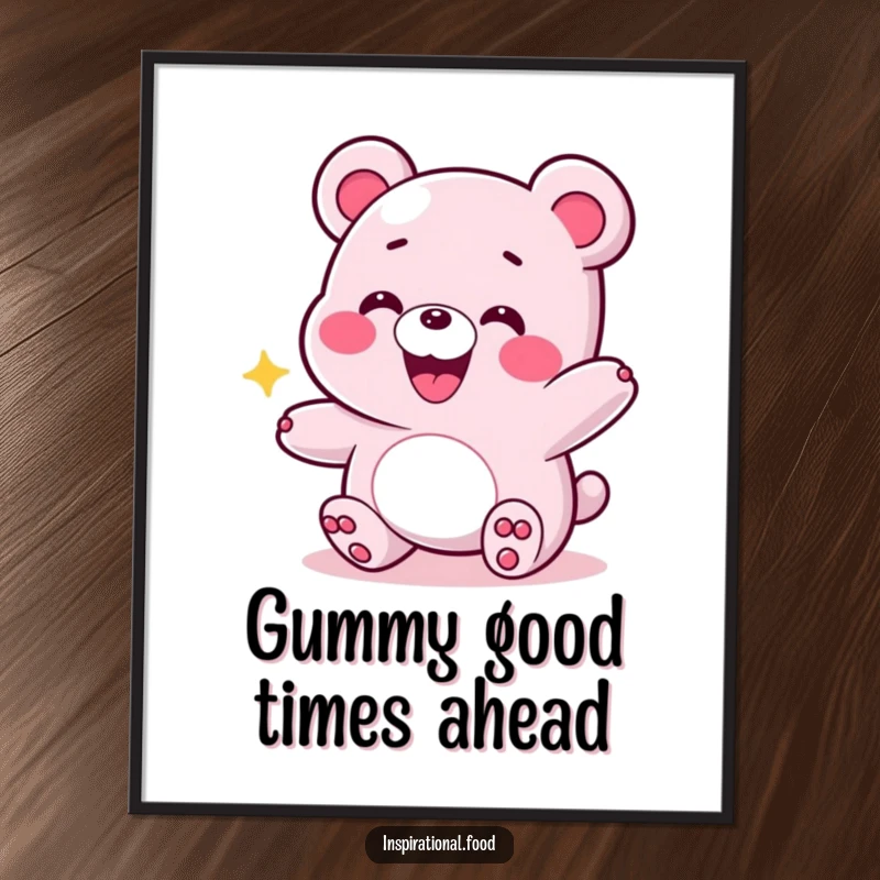 Funny free printable wall art of a grinning gummy bear with an energetic bounce, a playful and humorous decor piece.