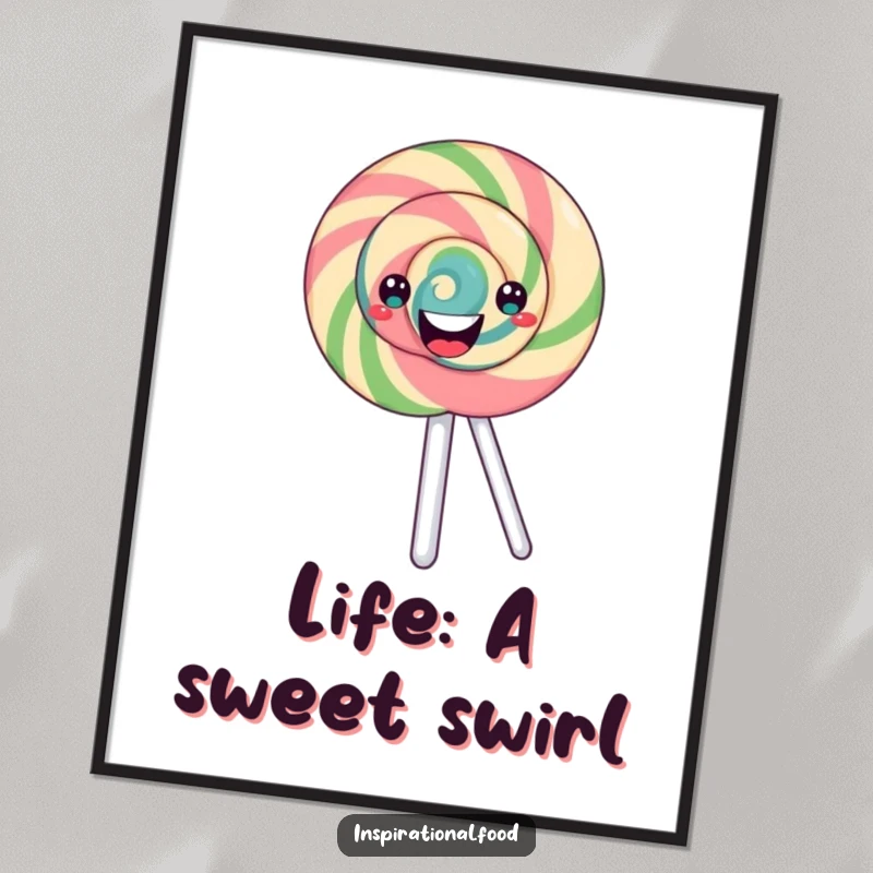 Funny Free Printable Wall Art: A happy, swirling lollipop character spinning with energy, adding a pop of color and fun.