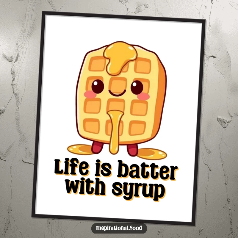 Funny Free Printable Wall Art: A smiling waffle character with thick syrup dripping down offers a warm, inviting, and humorous visual.