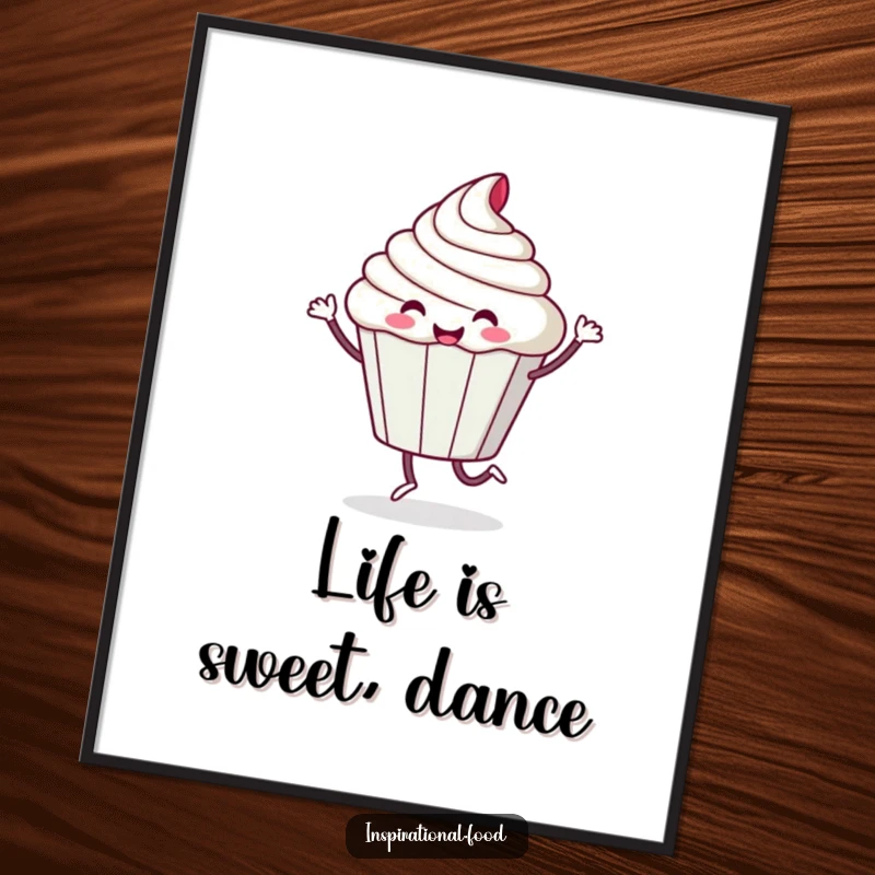 Funny Free Printable Wall Art: Playful cupcake character doing a happy, sugary dance, a sweet downloadable decoration.