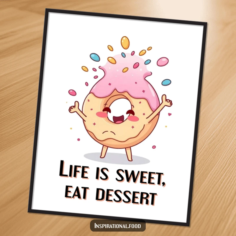 Funny Free Printable Wall Art: Cheerful donut joyfully tossing a sugary cascade, full of sweetness.