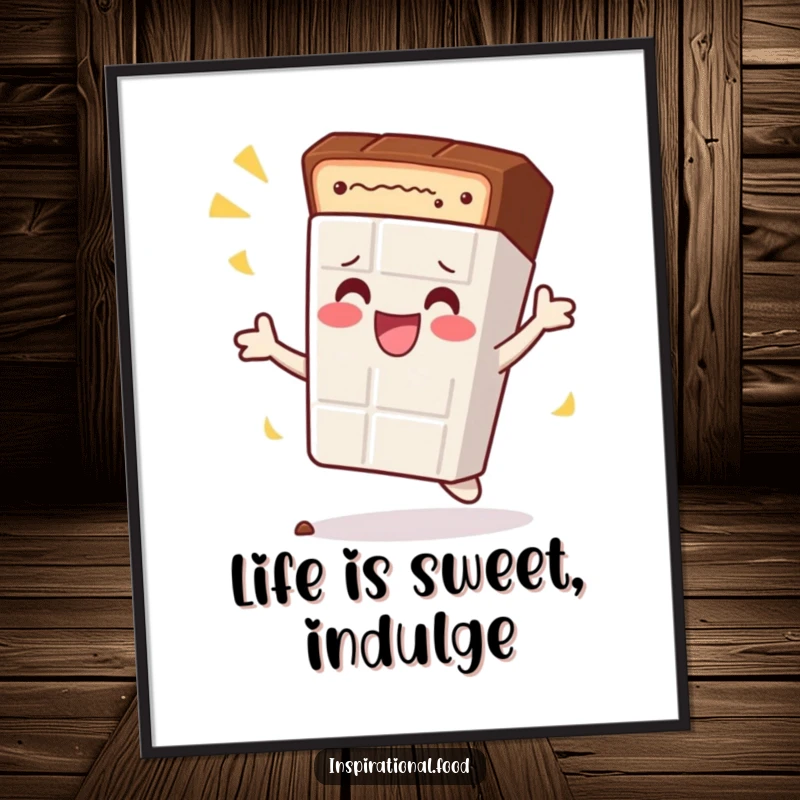 Funny Free Printable Wall Art: Content chocolate bar character doing a celebratory spin, a delicious downloadable decoration.