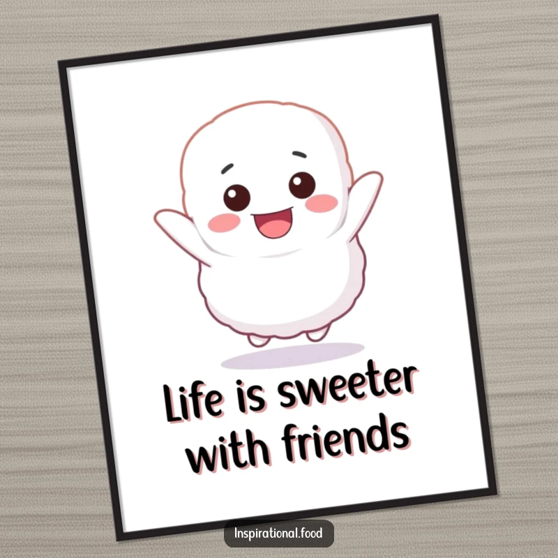 Funny Free Printable Wall Art of a fluffy marshmallow character bouncing with unbridled glee, a cheerful and downloadable decoration.