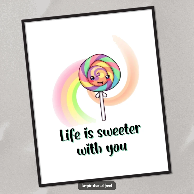 Funny Free Printable Wall Art: A happy lollipop character creating a magical swirling rainbow, bringing vibrant energy to any room.