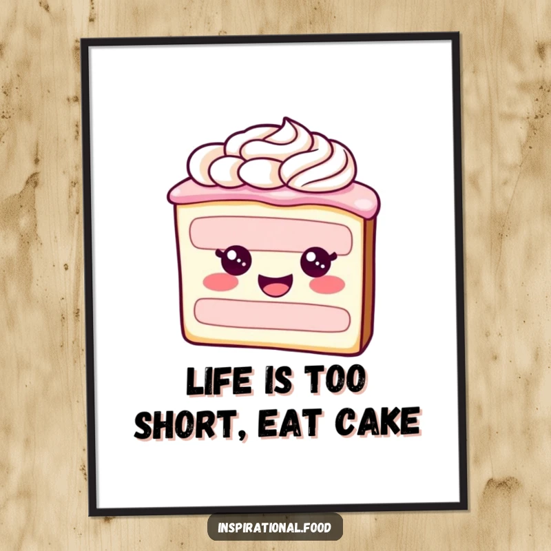 Funny Free Printable Wall Art: A happy cake slice with beautifully swirling frosting, adding sweet charm.