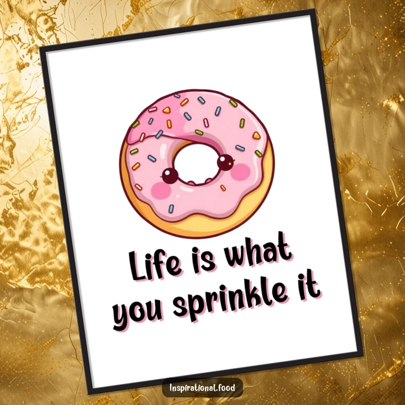 Funny Free Printable Wall Art: A happy donut character surrounded by a halo of shiny sprinkles, bringing sweetness.