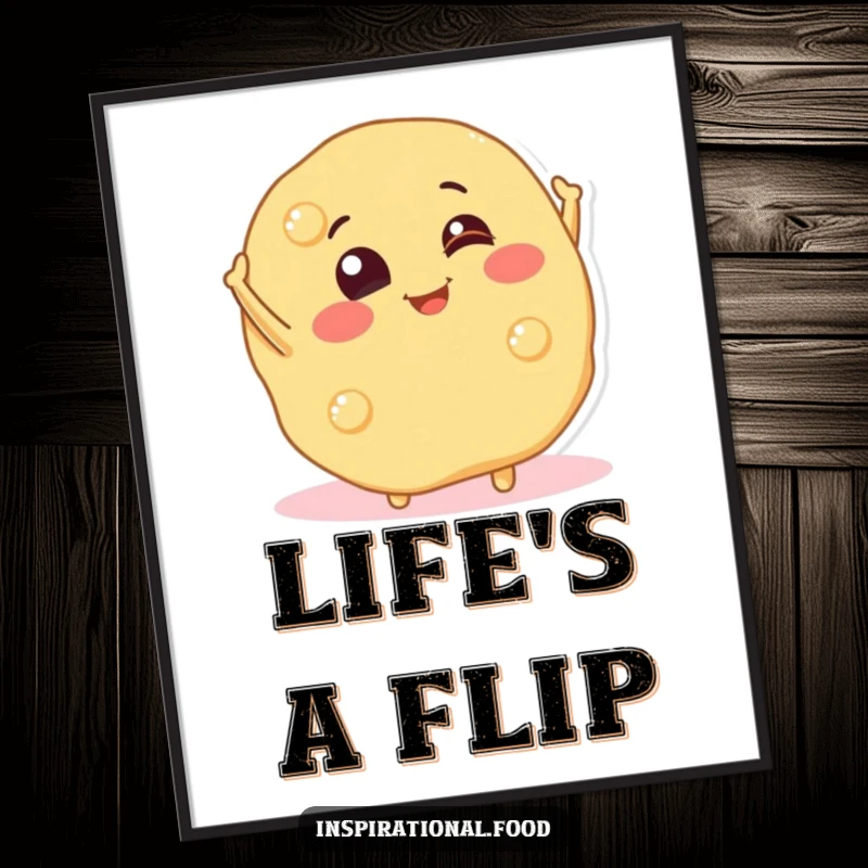 Funny Free Printable Wall Art: A smiling pancake character is captured mid-flip, radiating pure playful energy.