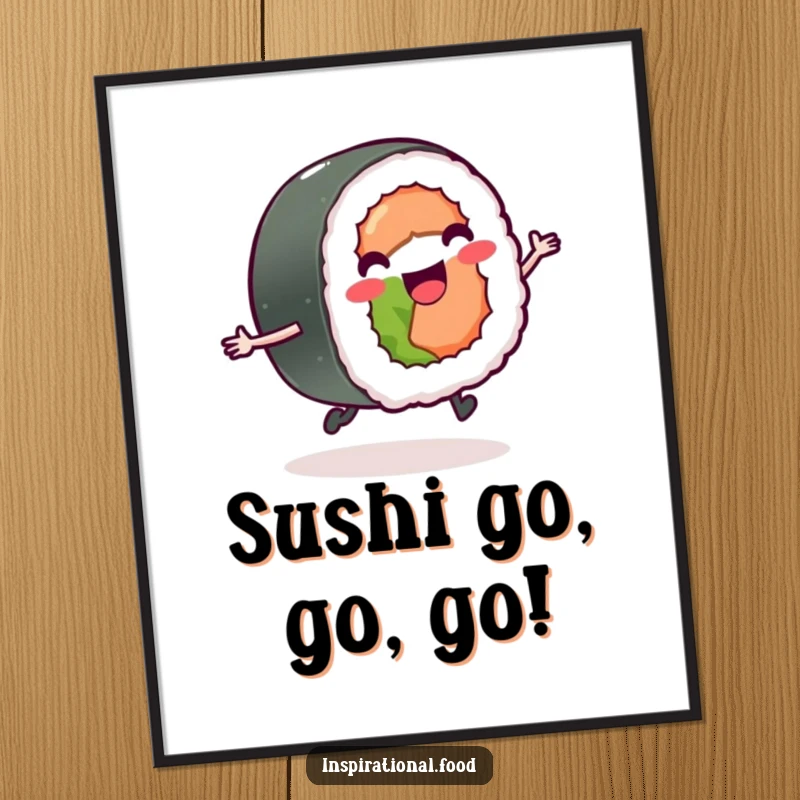 Funny Free Printable Wall Art: A delighted sushi roll skipping joyfully, adding a playful and humorous touch.