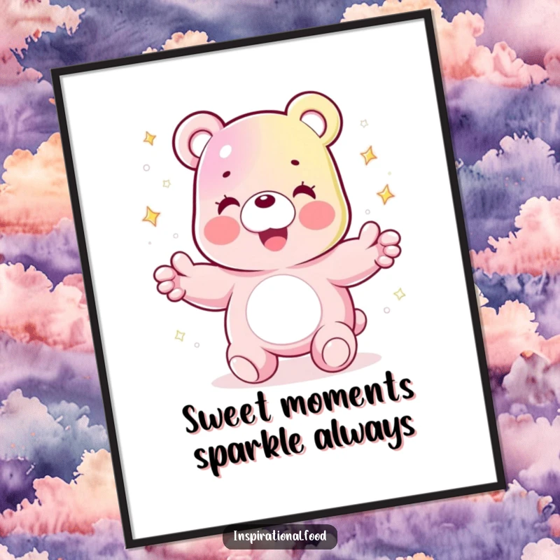 Funny Free Printable Wall Art: Joyful gummy bear character juggling sparkling sugar crystals, a whimsical downloadable decoration.