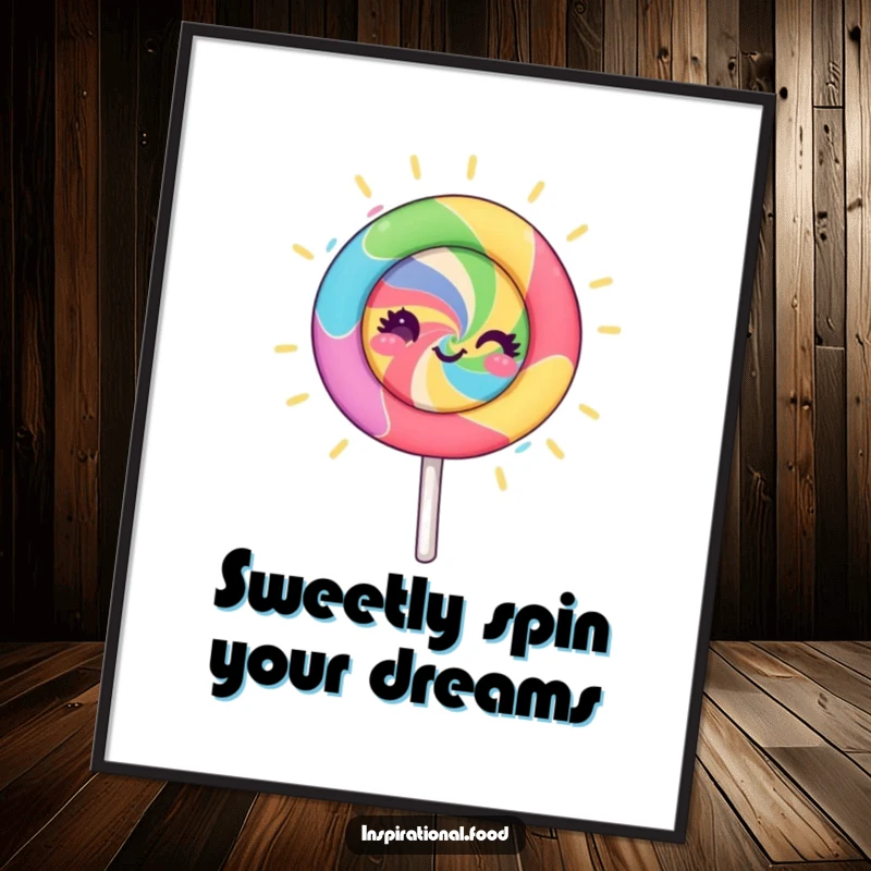 Funny Free Printable Wall Art of a vibrant lollipop character spinning and radiating creative energy, perfect for a fun, artistic display.