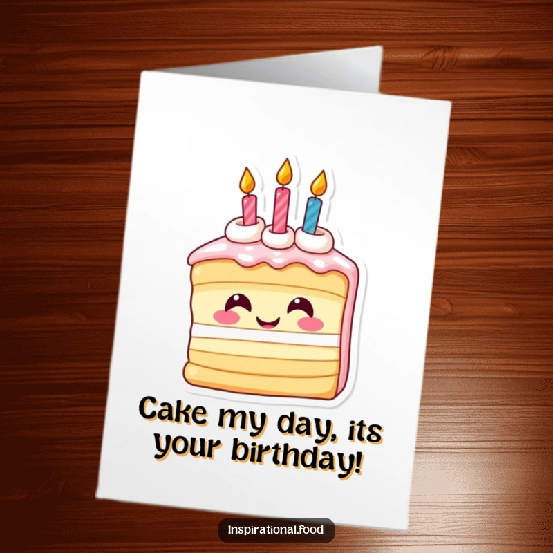 Funny Free Printable Birthday Card: A smiling slice of birthday cake with lit candles looks inspired, sharing birthday wishes.