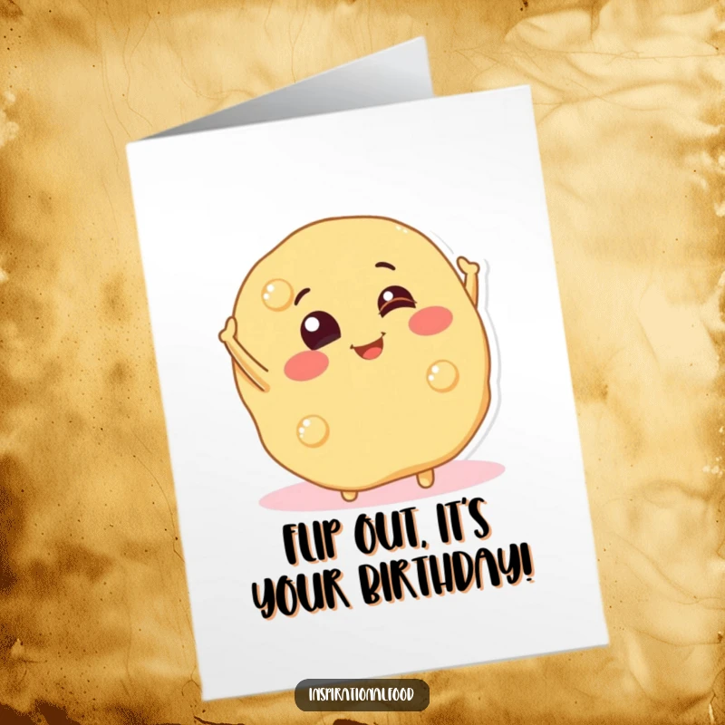 Funny Free Printable Birthday Card: A smiling pancake character playfully flips itself in mid-air with excitement.