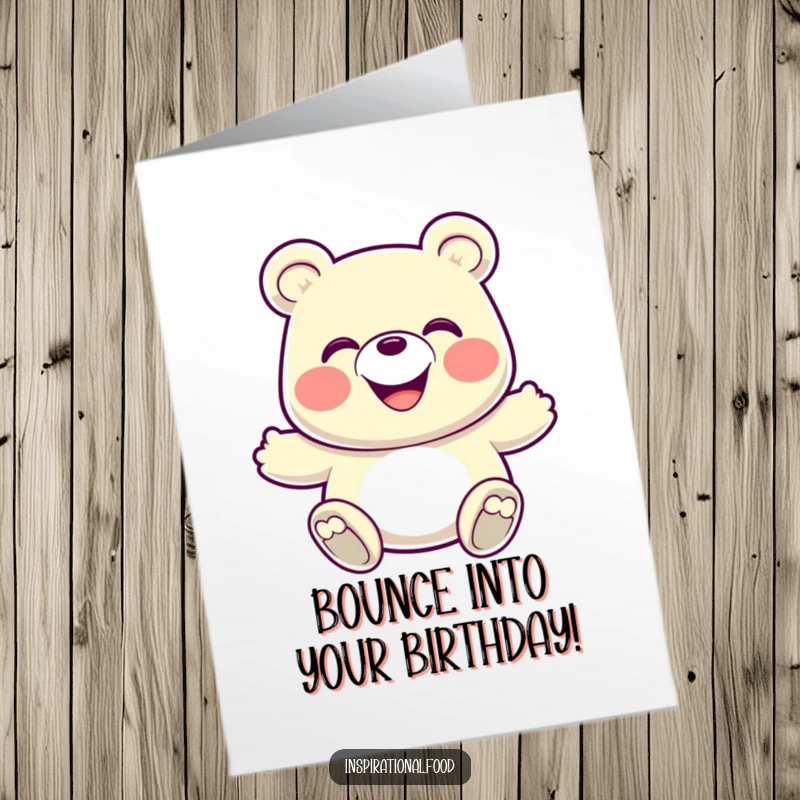 Funny Free Printable Birthday Card: A grinning gummy bear depicted in an energetic bounce, radiating pure, playful happiness.