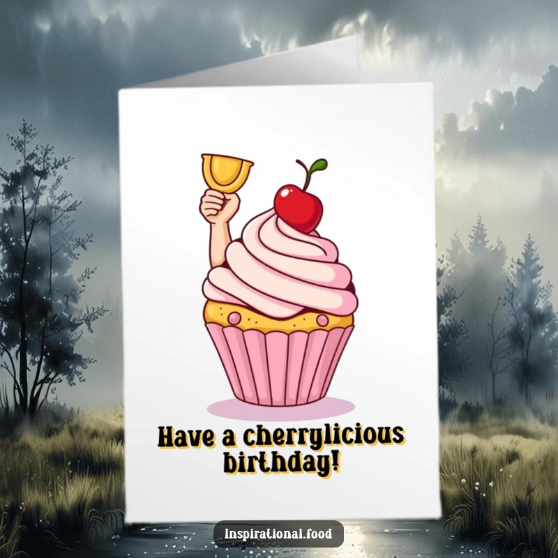 Funny Free Printable Birthday Card: A smiling cupcake raises its cherry like a victorious trophy, celebrating the birthday.