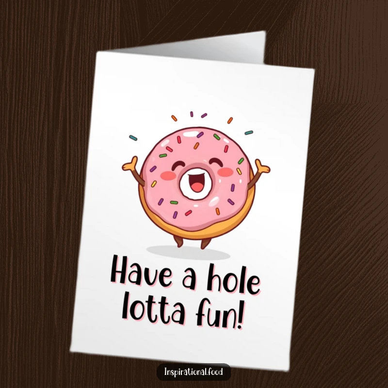 Funny Free Printable Birthday Card: Enthusiastic donut wiggling happily with sprinkles flying, a joyous birthday wish.