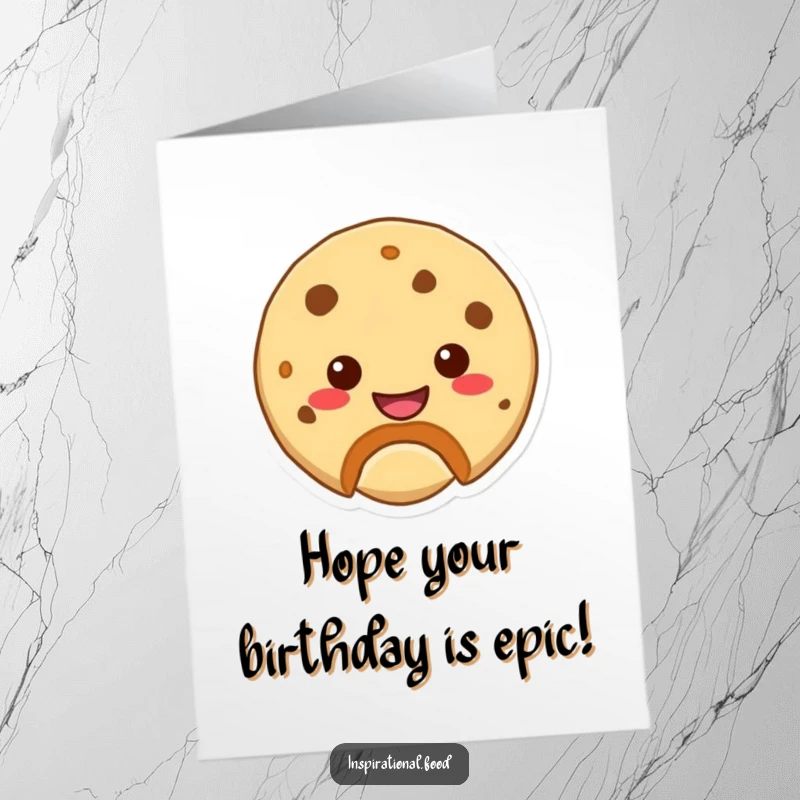 Funny Free Printable Birthday Card: A happy cookie with a cheeky bite mark showing a smile, ready to celebrate your special day.