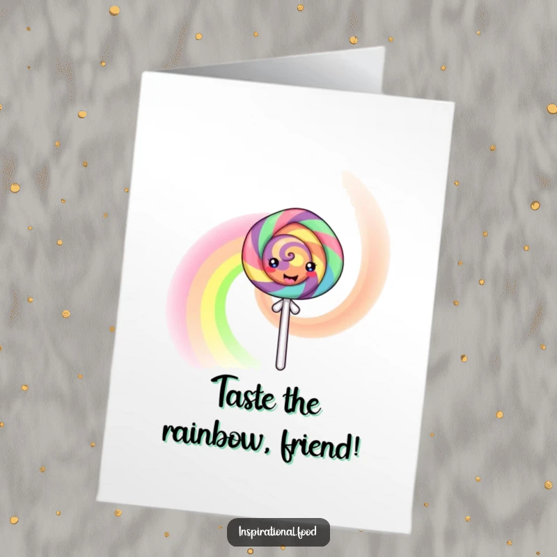 Funny Free Printable Birthday Card: Happy lollipop character swirling a vibrant rainbow, spreading pure joy and birthday cheer.