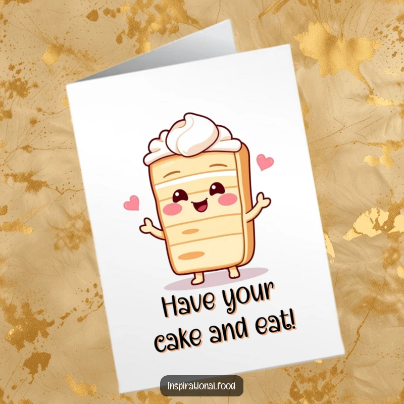 Funny Free Printable Birthday Card: A giggling slice of cake character gleefully sharing a recipe scroll, ready to bake fun.