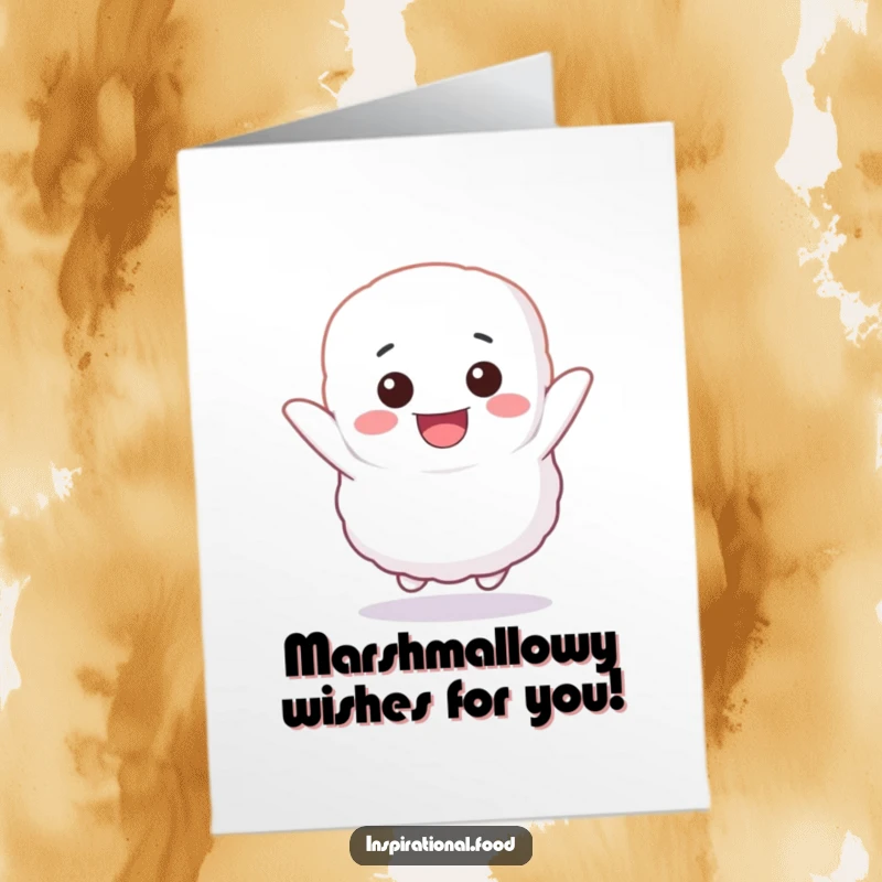 Funny Free Printable Birthday Card featuring a fluffy marshmallow character bouncing with unbridled glee, a fun downloadable gift.