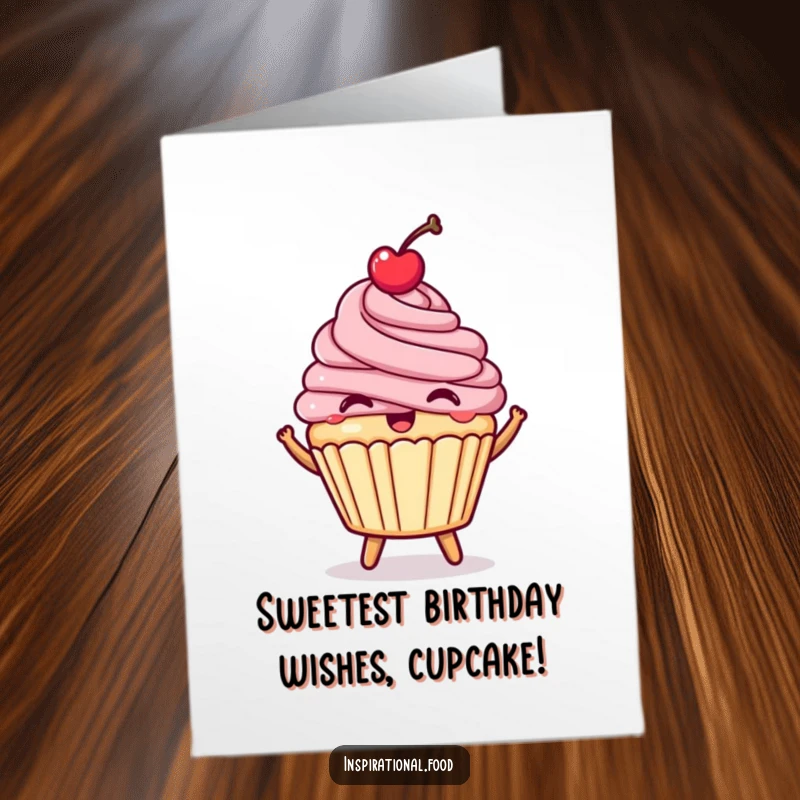 Funny Free Printable Birthday Card: A happy cupcake with a cherry on top joyfully bouncing, radiating pure birthday happiness.