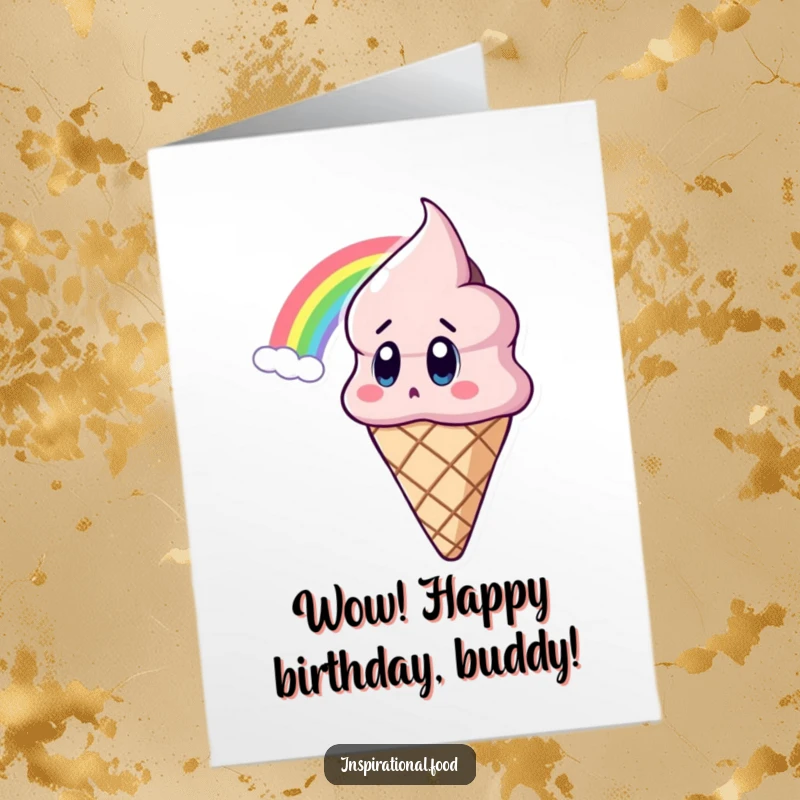 Funny Free Printable Birthday Card featuring a surprised ice cream cone character with wide eyes gazing at a rainbow.