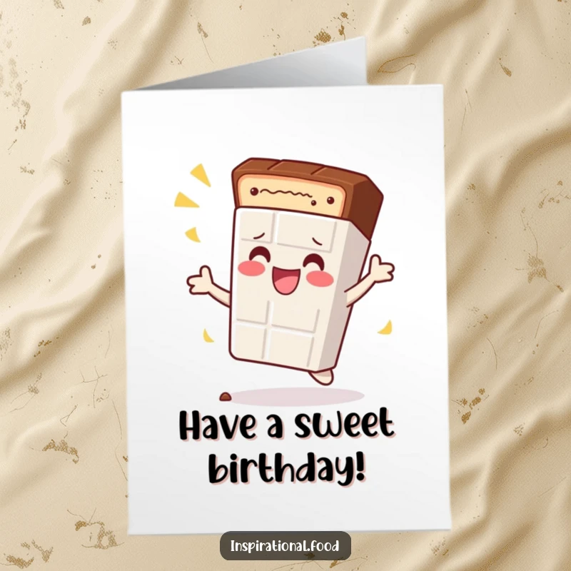 Funny Free Printable Birthday Card: Content chocolate bar character doing a celebratory spin, a delightful downloadable sweet treat.