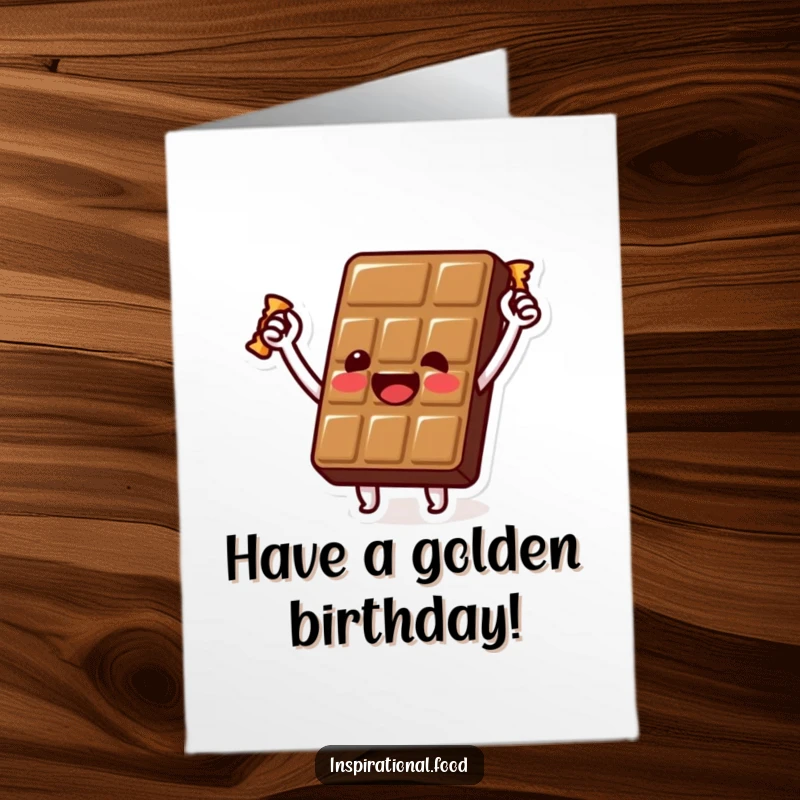 Funny free printable chocolate bar birthday card with a beaming character holding a golden wrapper aloft, celebrating happily.